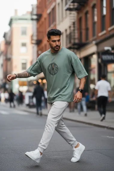 Tricou barbati vernil, cu imprimeu pe spate, oversize 11814 D3-4.1